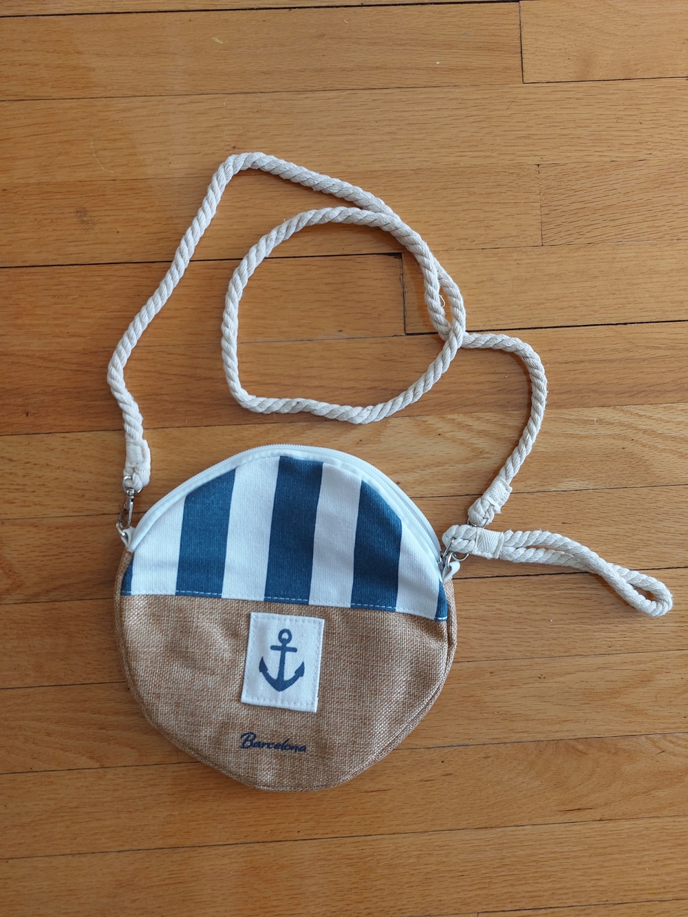 Nautical Round Crossbody Bag in Blue, White and Tan
